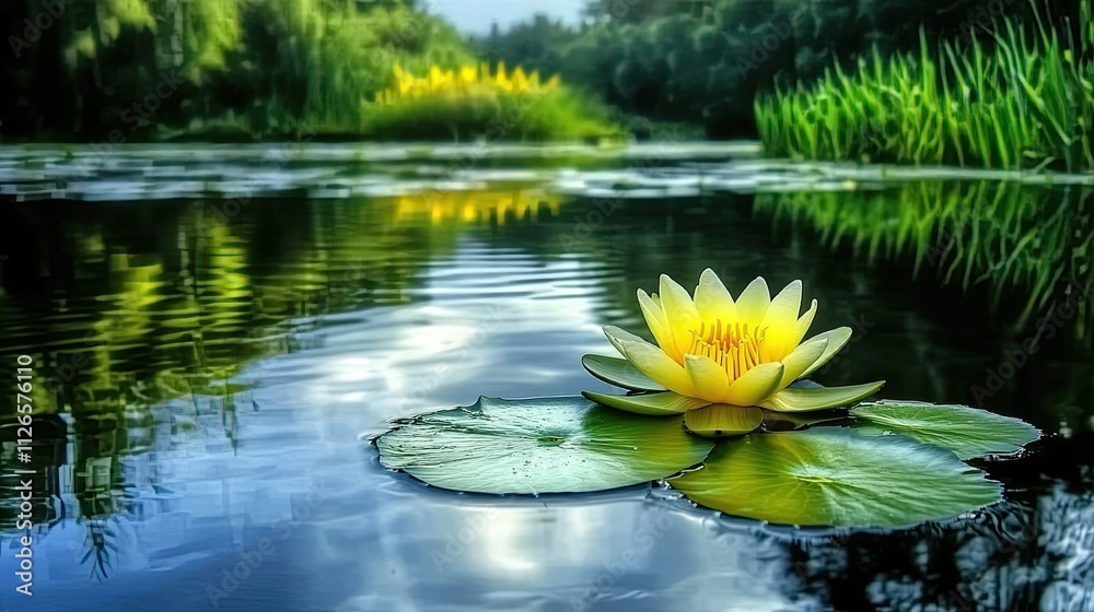 A calm, reflective pond with a single lily pad, symbolizing calmness, peace, and emotional balance. A calm, reflective pond with a single lily pad, symbolizing calmness, peace, and emotional balance.