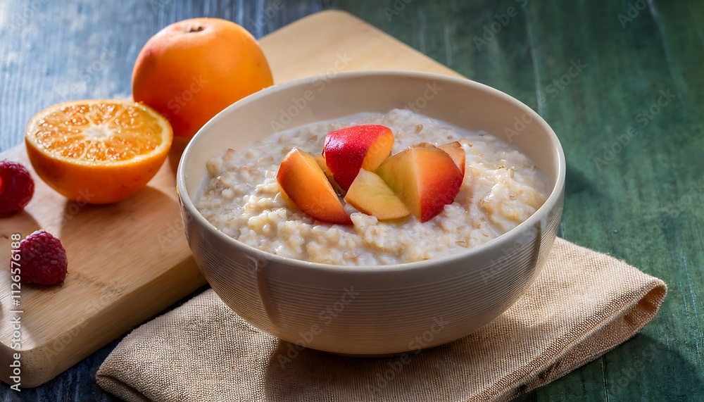 A bowl of oatmeal topped with sliced peaches, with an orange, raspberries, and another fruit on a wooden board. A bowl of oatmeal topped with sliced peaches, with an orange, raspberries, and another fruit on a wooden board.