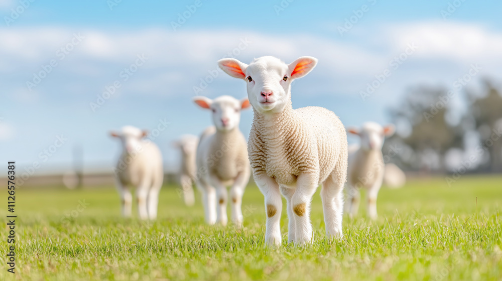 Fototapeta premium Flock of lambs grazing on a sunny day in a green meadow