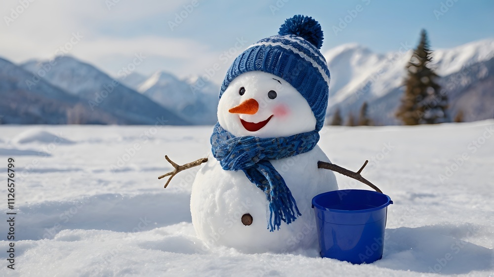 Obraz premium Cheerful Snowman with Blue Hat and Scarf in Winter Landscape