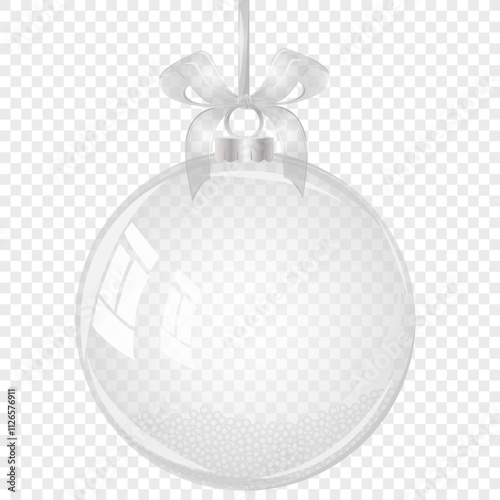 Glass Christmas ball with bow. Element of holiday decoration. Vector object for christmas design, mockup, postcard, invitation, poster, banner