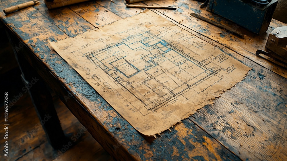 Naklejka premium Aged blueprint on rustic wooden table.
