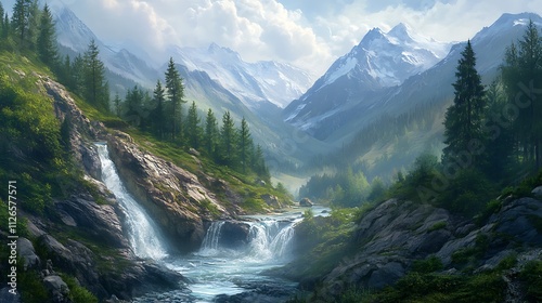 A cascading mountain stream flowing through a rocky terrain surrounded by pine forests and distant mountain ranges