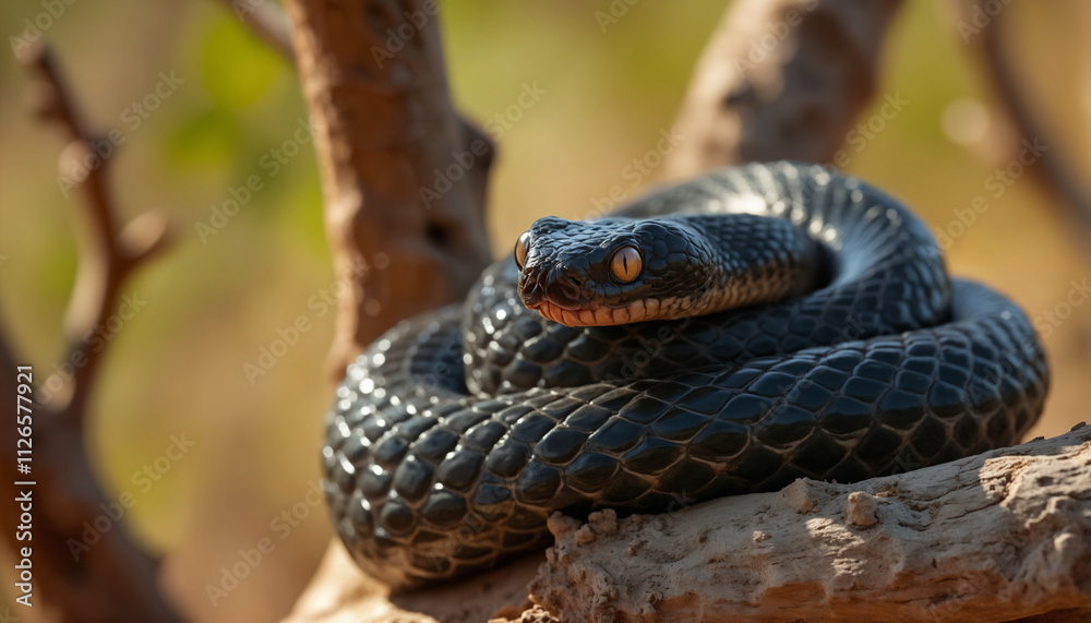 Fototapeta premium wallpapers A stunning close up of a black snake resting on a branch in its natural habitat. The sun highlights its scales beautifully. AI generated.