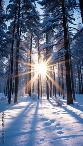 This enchanting image captures the beauty of a winter forest bathed in golden sunlight. The sunbeams pierce through the snow-laden trees, creating a magical and ethereal atmosphere. 