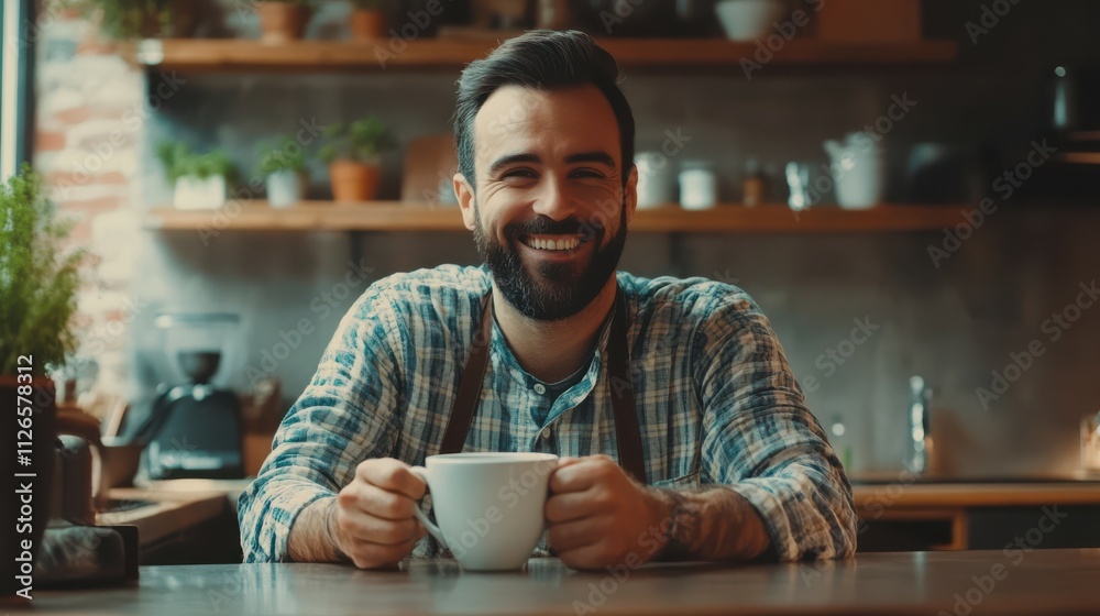 Happy man enjoying in cup of coffee in kitchen and looking at camera. Happy man enjoying in cup of coffee in kitchen and looking at camera.