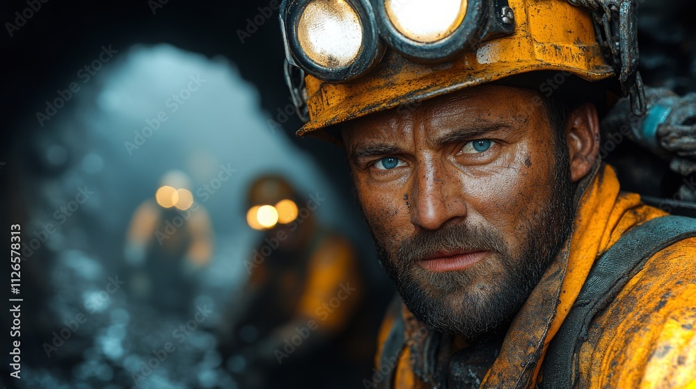 Coal miners working diligently at the face of a coal seam in a dim underground environment Coal miners working diligently at the face of a coal seam in a dim underground environment