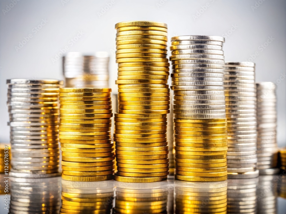 Stacked Coins Photography: Close-up Still Life Image of Isolated Currency Stacked Coins Photography: Close-up Still Life Image of Isolated Currency