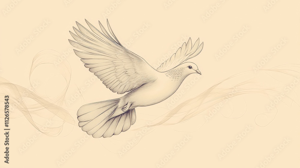 Simplified Beauty: Dove in Flight Defined by Single Line and Flowing Ribbon Simplified Beauty: Dove in Flight Defined by Single Line and Flowing Ribbon