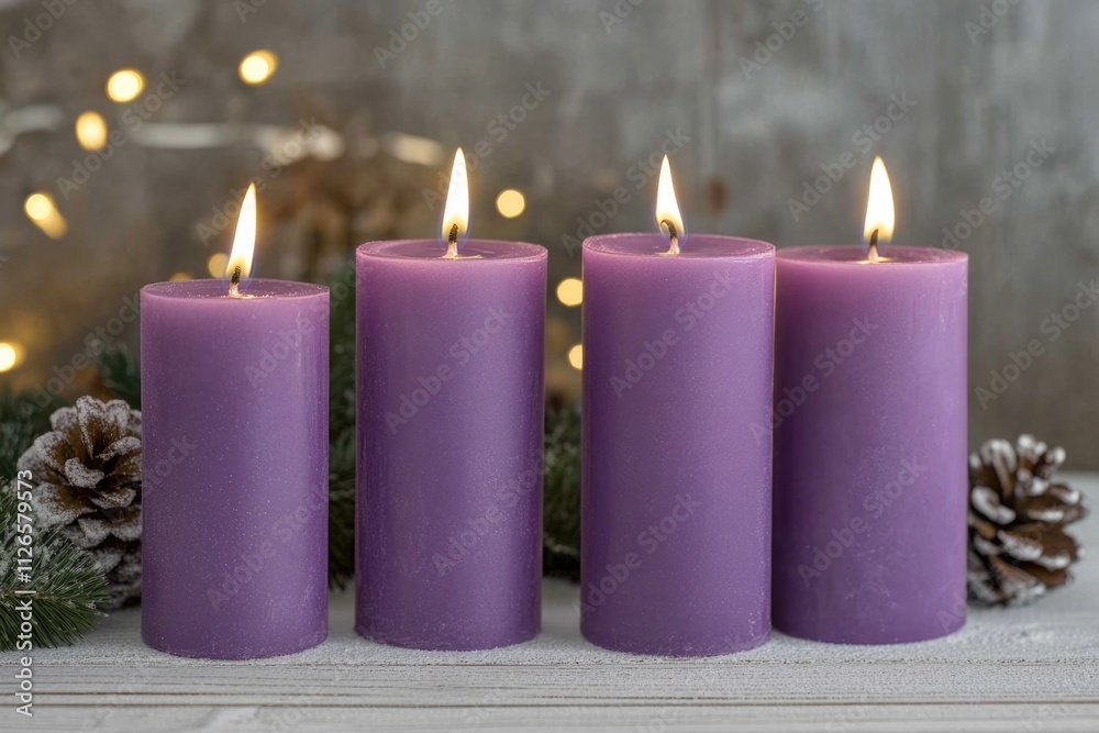 A serene setting of four lit purple candles surrounded by evergreen branches and pinecones, symbolizing calm and tranquility during festive winter holidays. A serene setting of four lit purple candles surrounded by evergreen branches and pinecones, symbolizing calm and tranquility during festive winter holidays.