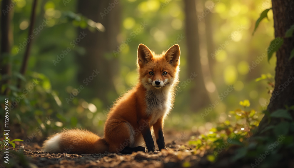 Fototapeta premium wallpapers A beautiful red fox sitting on a forest path surrounded by green foliage and soft sunlight. The fox gazes curiously, creating a captivating nature scene. AI generated