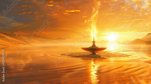 Lamp of Wishes In The Desert - Genie Coming Out Of The Bottle