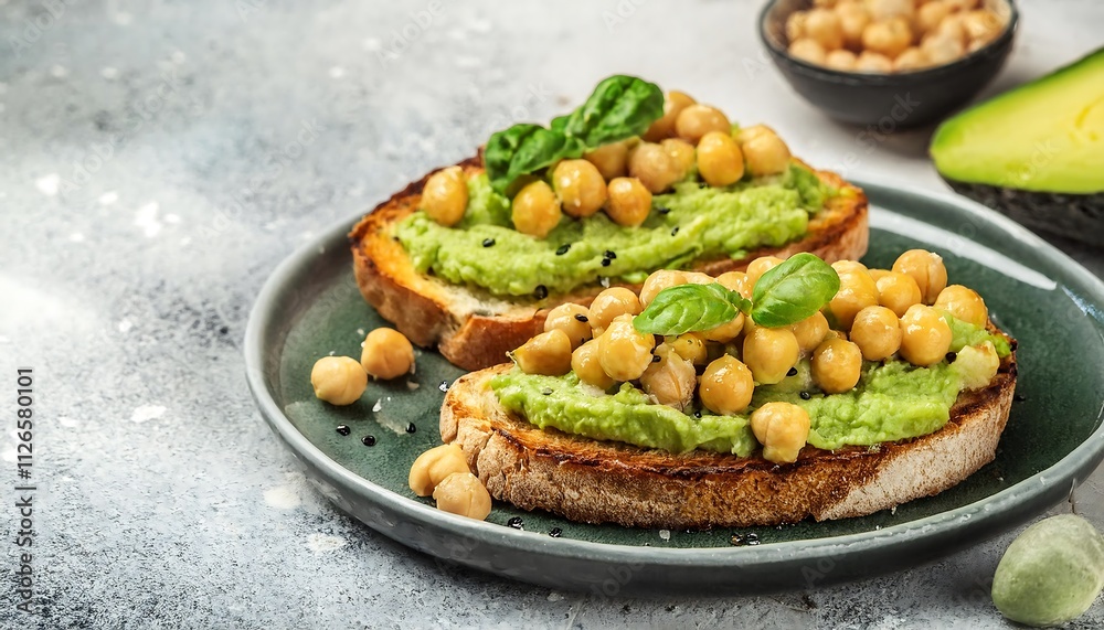 Delicious avocado toast topped with chickpeas and a sprinkle of seasoning. Delicious avocado toast topped with chickpeas and a sprinkle of seasoning.