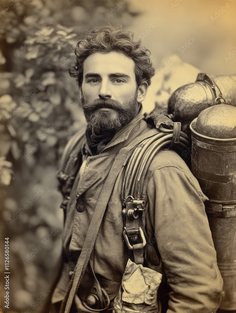 A rugged adventurer adorned with climbing gear in a wilderness setting, capturing the essence of exploration, courage, and the adventurous spirit of early explorers. A rugged adventurer adorned with climbing gear in a wilderness setting, capturing the essence of exploration, courage, and the adventurous spirit of early explorers.