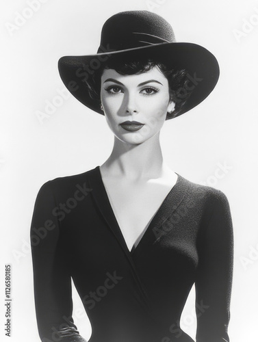 A timeless portrait of a graceful woman wearing a stylish black hat, exuding elegance and poise, capturing the essence of classic fashion photography.