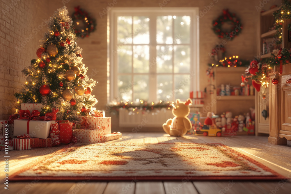 Obraz premium A warmly lit living room radiates holiday cheer, featuring a beautifully decorated Christmas tree, gifts, and an inviting atmosphere perfect for celebration and joy.