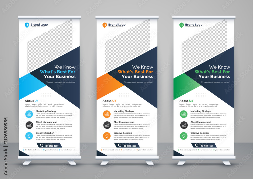 Obraz premium Corporate business roll up banner design. Modern pull up banner template or X banner signage minimal design. Can be used for Business Agency, Medical, Healthcare, School banner.
