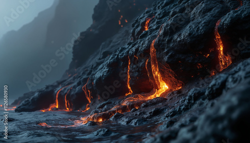 wallpapers An atmospheric view of molten lava flowing down rugged rocks near the ocean, creating a dramatic contrast in a mystical setting. AI generated.