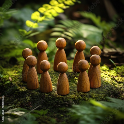 wooden figures in a circle on mossy ground