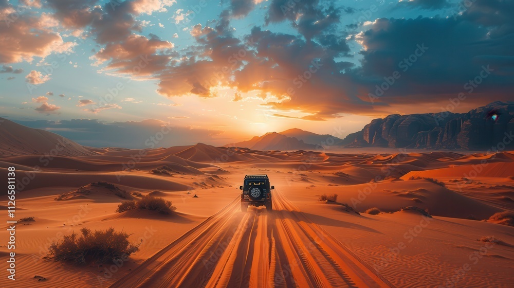 Φωτογραφία Sunset adventure in the desert with a vehicle exploring the vast landscape of golden sand dunes