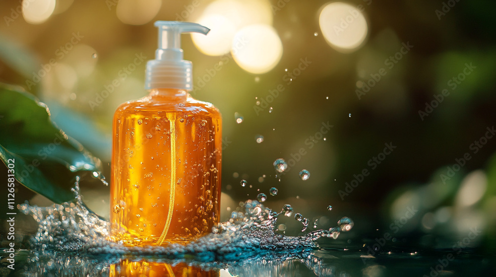 Liquid soap bottle splashes amidst green leaves and soft sunlight Liquid soap bottle splashes amidst green leaves and soft sunlight