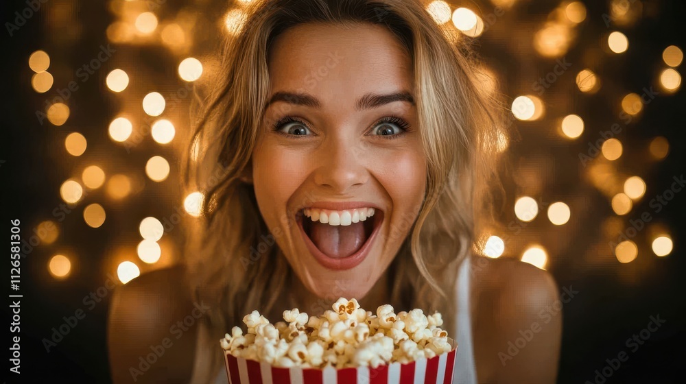 Happy woman watching funny movie and eating popcorn at night at home.