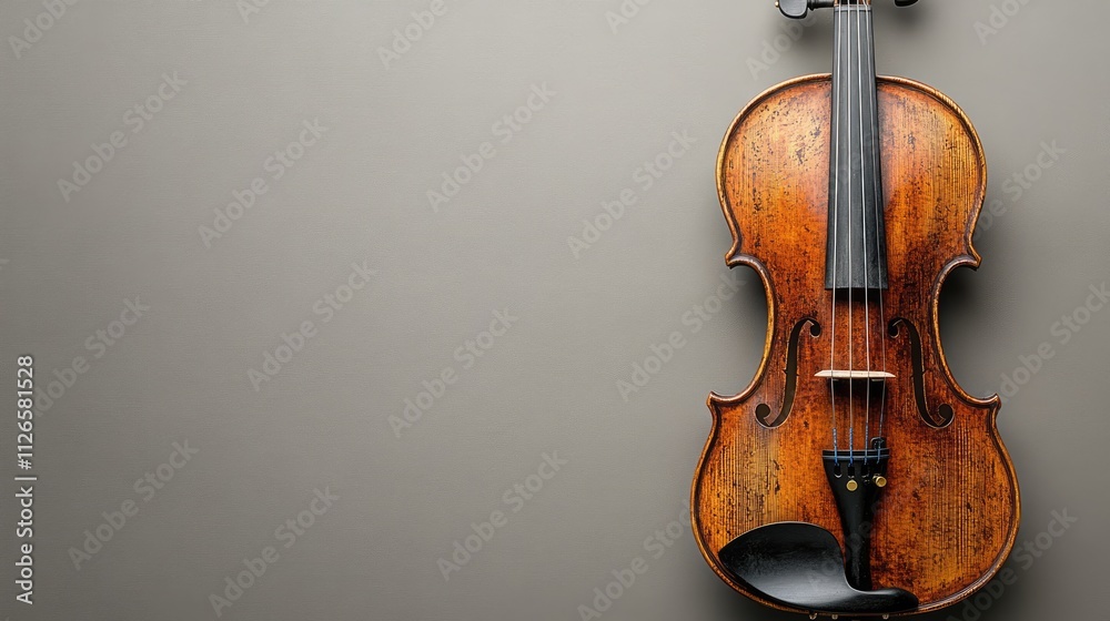 A classic violin resting against a neutral background, showcasing its craftsmanship and elegance. A classic violin resting against a neutral background, showcasing its craftsmanship and elegance.