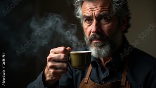 man with beard holding cup of coffee