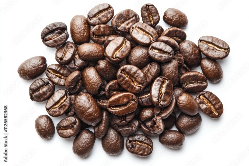 Freshly roasted coffee beans displayed against a clean white background Freshly roasted coffee beans displayed against a clean white background
