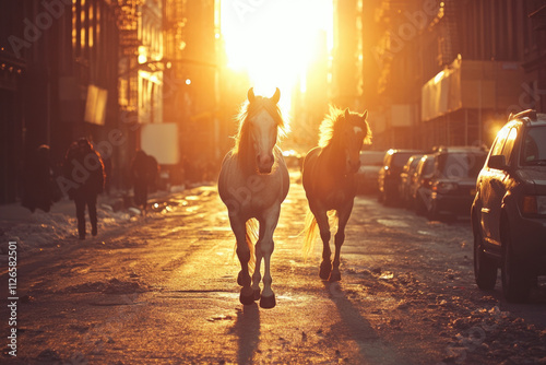 Two horses run freely down a snow-dusted urban street, basking in the warm, golden light of a picturesque sunrise, embodying freedom and spontaneity.