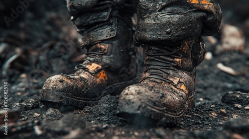 Close-up of firefighting gear, including boots and gloves, covered in soot and ash,