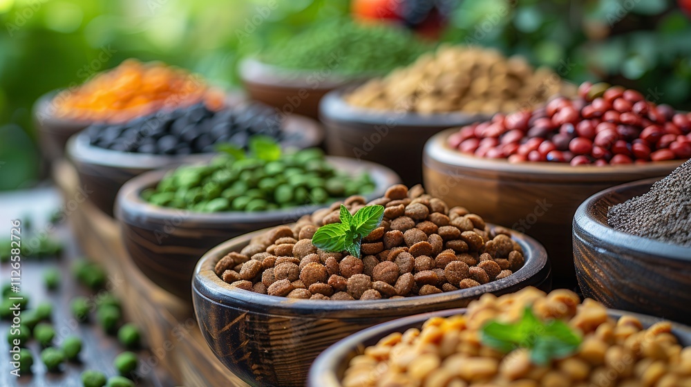 Vibrant display of spices and legumes in rustic wooden bowls for a culinary awakening. Generative AI Vibrant display of spices and legumes in rustic wooden bowls for a culinary awakening. Generative AI