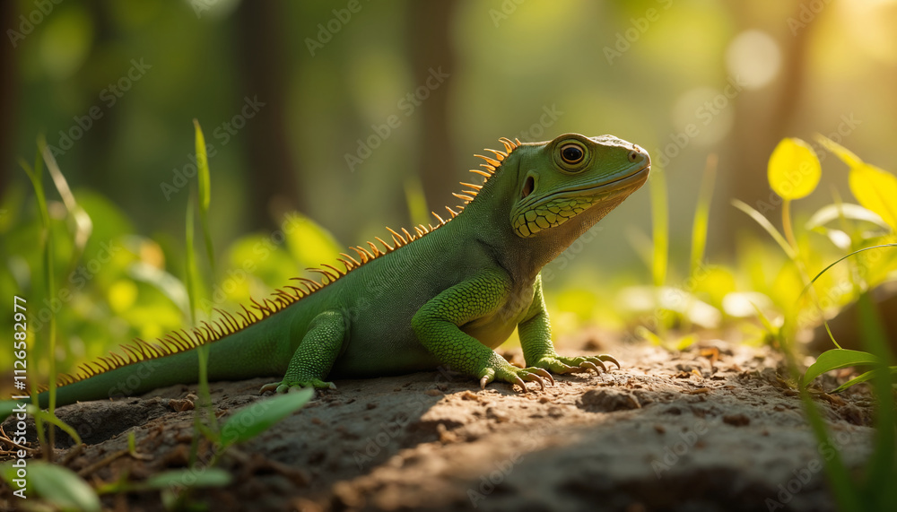wallpapers A vibrant green lizard resting on a rock amidst lush greenery. The warm sunlight creates an enchanting atmosphere, showcasing the beauty of nature. AI generated