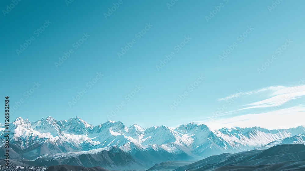 A snow-capped mountain range with a bright blue sky overhead. A snow-capped mountain range with a bright blue sky overhead.