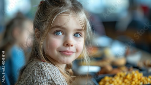 Young girl enjoying a vibrant meal at a bustling family gathering in a cozy dining setting. Generative AI