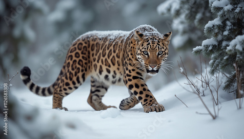 wallpapers A beautiful leopard walking gracefully through a snowy forest, showcasing its stunning coat and the serene winter landscape. AI generated.