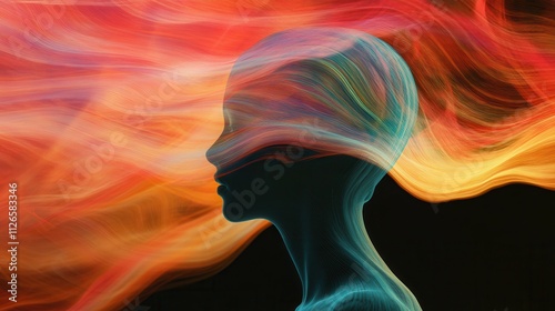 Silhouette with colorful waves symbolizes mental processes and cognitive flow.