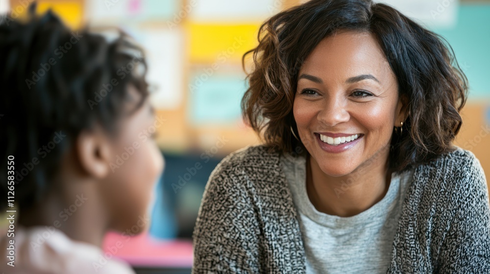Close-up of a teacher nodding and encouraging a student with a supportive smile