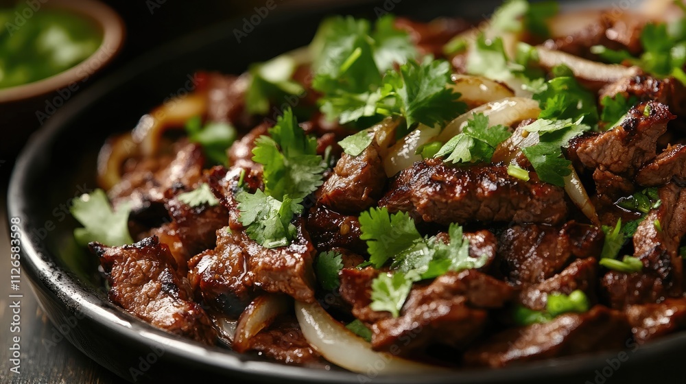 An inviting plate of carne asada with grilled onions and fresh cilantro. An inviting plate of carne asada with grilled onions and fresh cilantro.