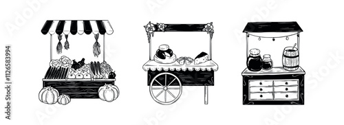 Hand drawn local market stall set. Farmer fair counter. Vegetable, cheese, honey farm shop drawing. Street kiosk sketch doodle vector illustration. Organic food festival. Greengrocer, dairy products