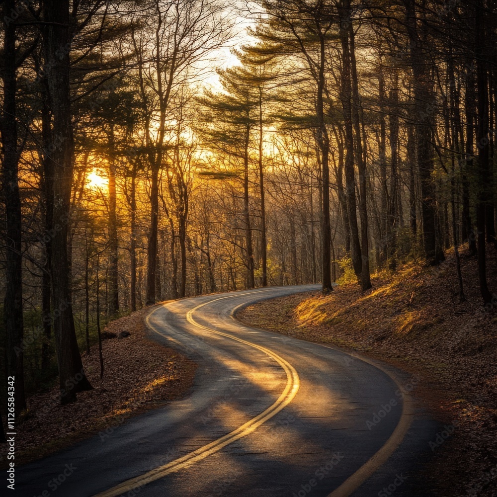 Fototapeta premium winding road through autumn forest at sunset