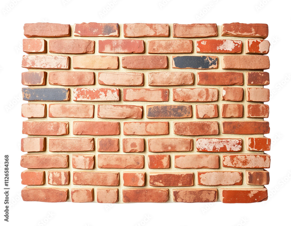 Fototapeta premium Rustic Brick Wall Isolated on White Background, Textured Construction Material Design, PNG Transparent.