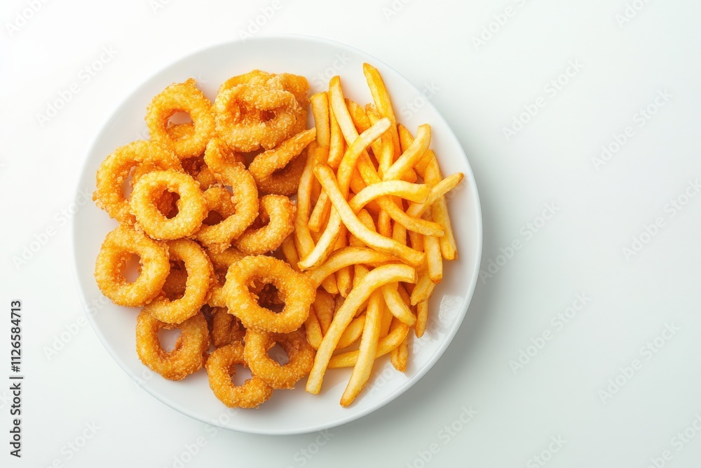 crispy onion rings and golden fries on a plate crispy onion rings and golden fries on a plate