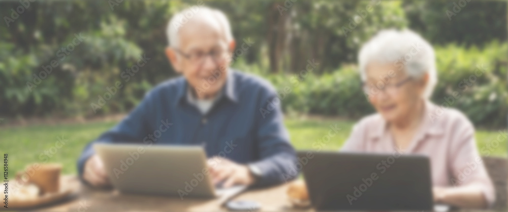 Elderly man exploring digital tools, emphasizing the integration of seniors in technology, blurred background, old man and laptop Elderly man exploring digital tools, emphasizing the integration of seniors in technology, blurred background, old man and laptop
