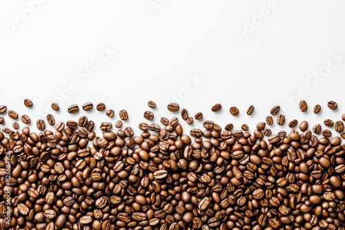 Coffee beans scattered on a light background create a rich and inviting texture for coffee lovers