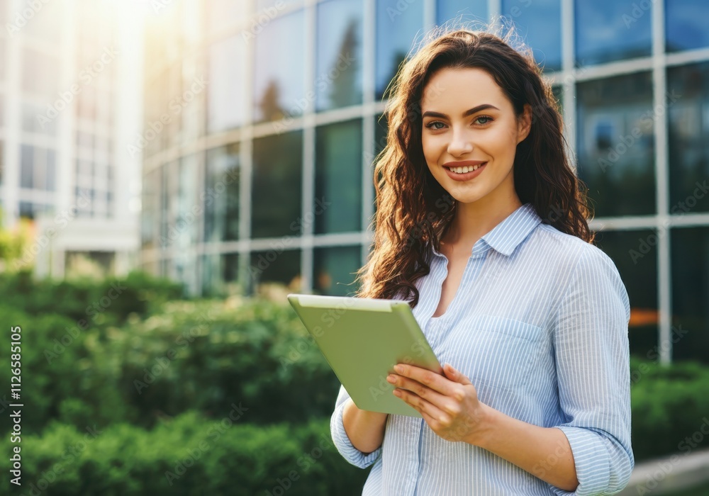 Fototapeta premium A cheerful young woman in a light blue striped shirt holds a tablet while standing outdoors in front of a modern glass building
