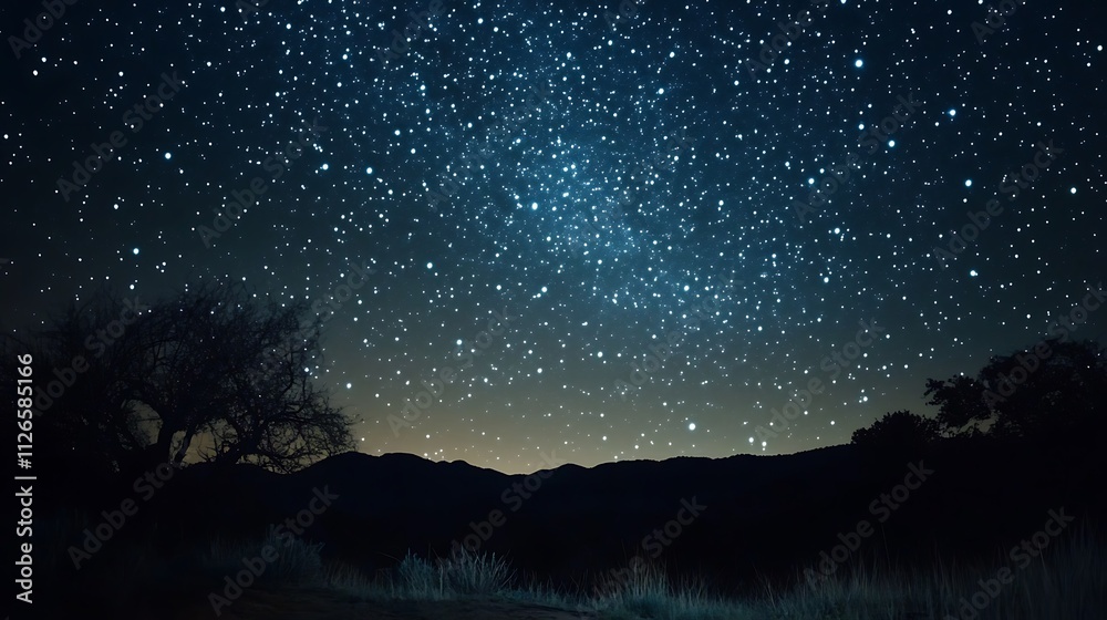A starry night sky with twinkling stars over a silhouetted landscape. A starry night sky with twinkling stars over a silhouetted landscape.
