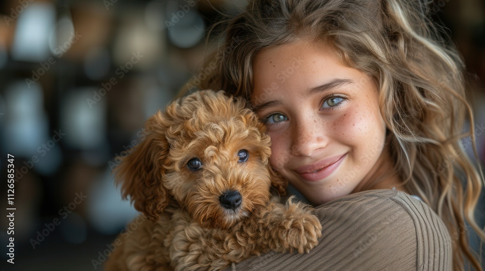 Joyful child embraces fluffy puppy in a warm, cozy indoor setting during golden hour glow. Generative AI Joyful child embraces fluffy puppy in a warm, cozy indoor setting during golden hour glow. Generative AI