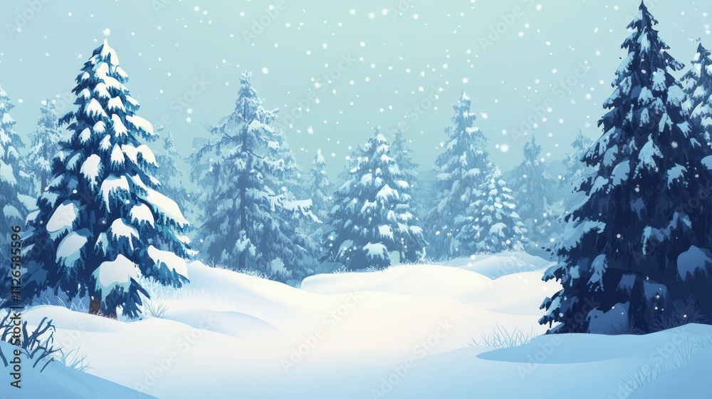 Snowfall in winter forest.Beautiful landscape with snow covered fir trees and snowdrifts.Merry Christmas and happy New Year greeting background with copy-space.Winter fairytale Snowfall in winter forest.Beautiful landscape with snow covered fir trees and snowdrifts.Merry Christmas and happy New Year greeting background with copy-space.Winter fairytale