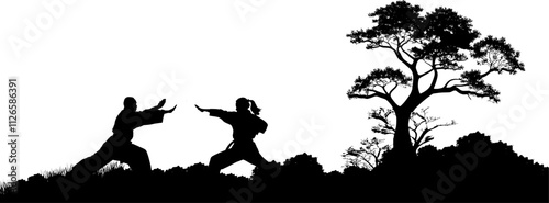 Vektor Silhouette zwei Körper Mann und Frau machen Kata Übung - Kampfsport und Selbstverteidigung in der Natur 
 - Kampf und Technik - Körper und Geist